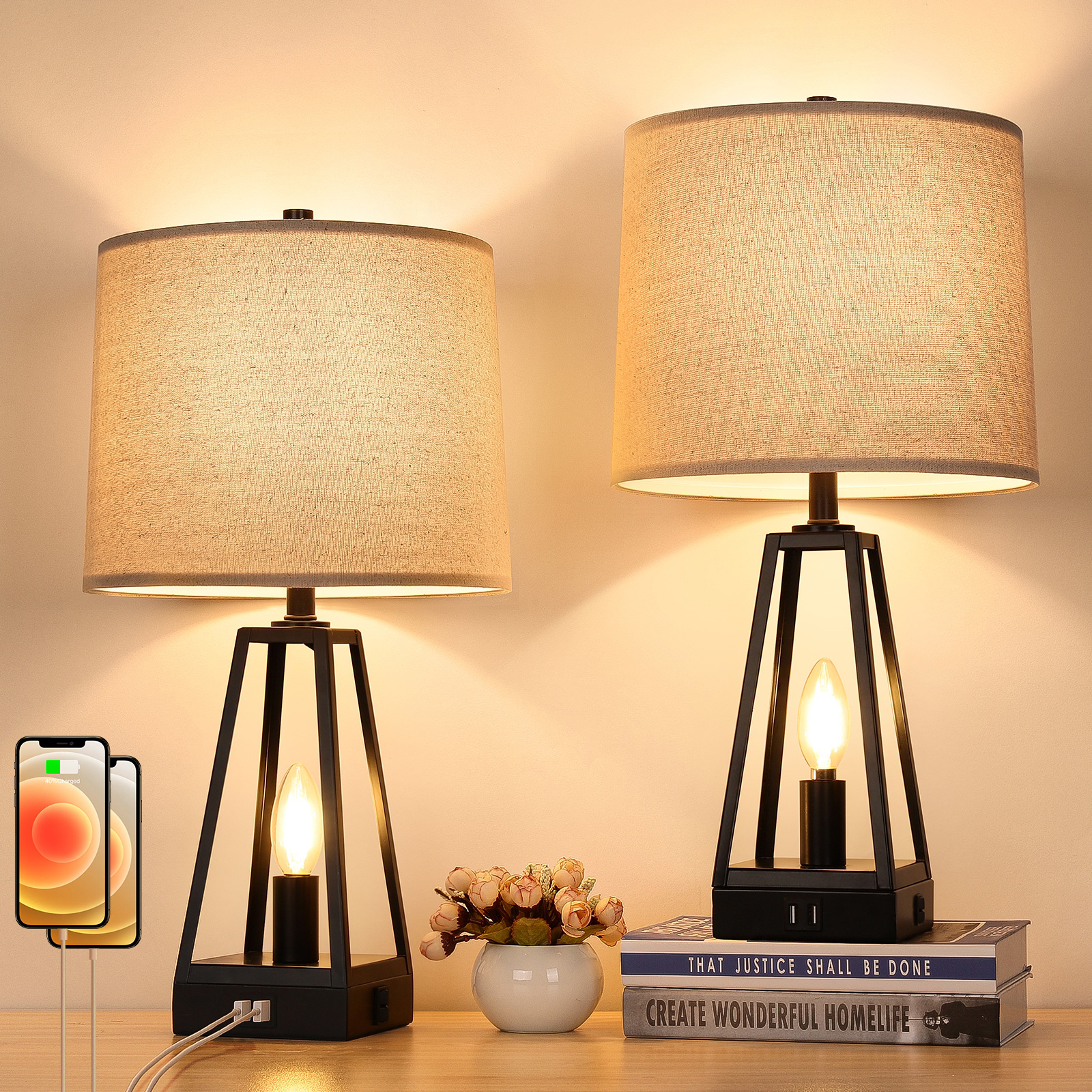 2 Light Design Set of 2 Table Lamps with USB Ports