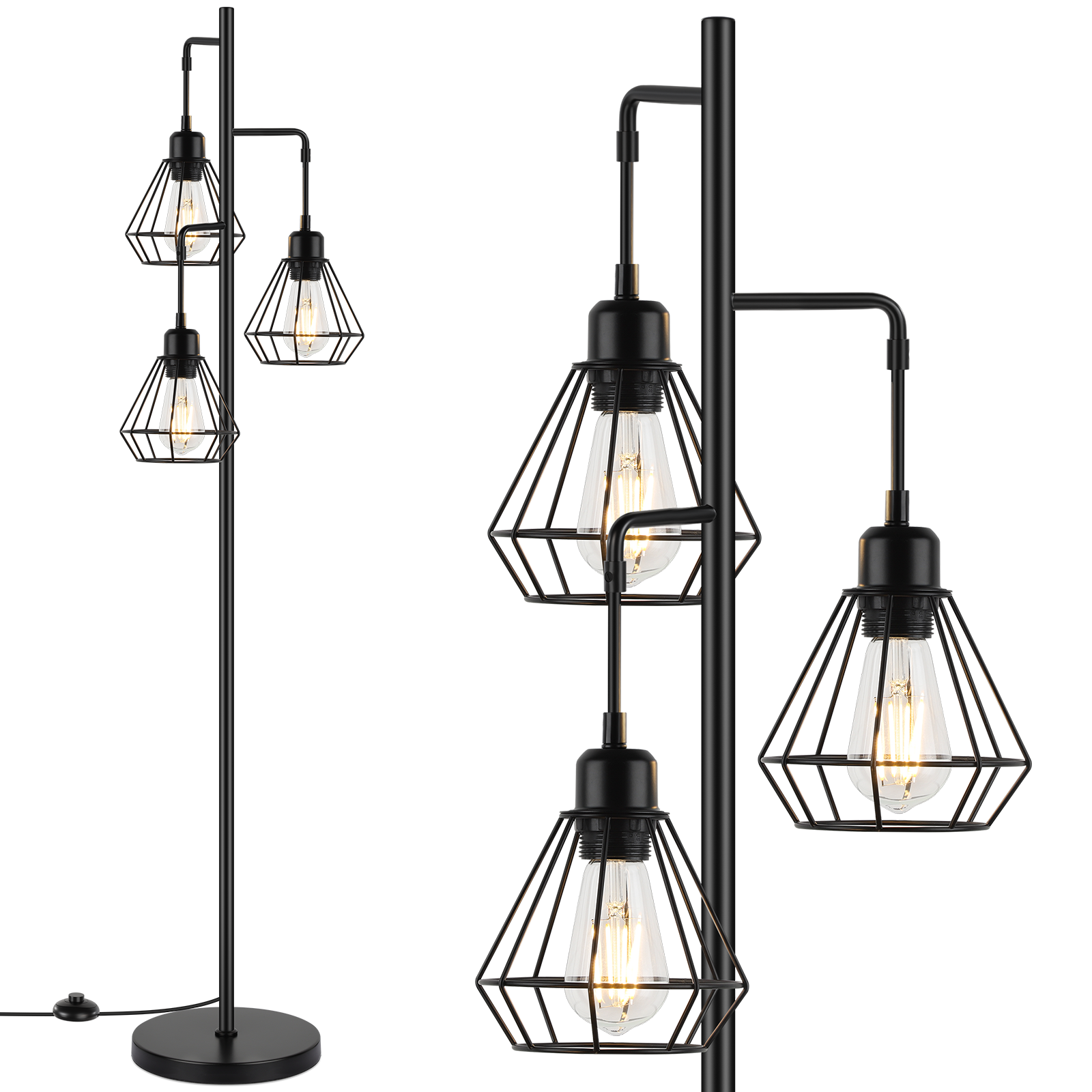 3 Hanging Teardrop Cage Industrial Floor Lamp